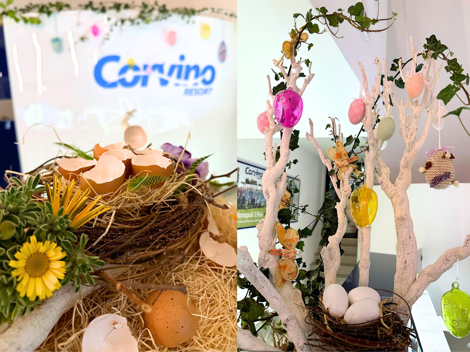 Collage degli allestimenti pasquali 2026 al Corvino Resort con nidi decorativi e uova colorate