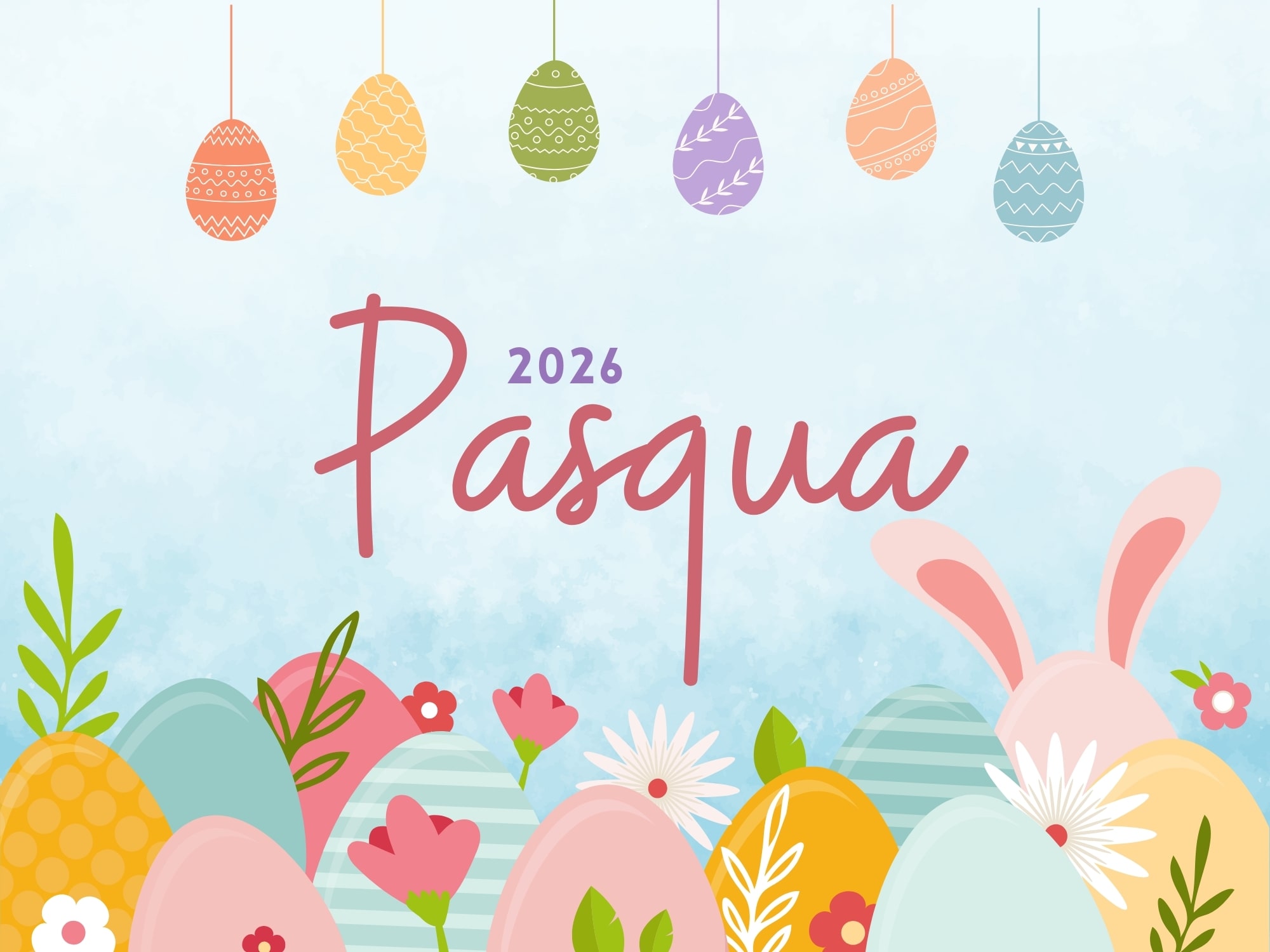 Grafica Pasqua e Pasquetta 2026 con uova colorate e coniglio per il weekend 4–6 aprile al Cala Corvino Resort di Monopoli