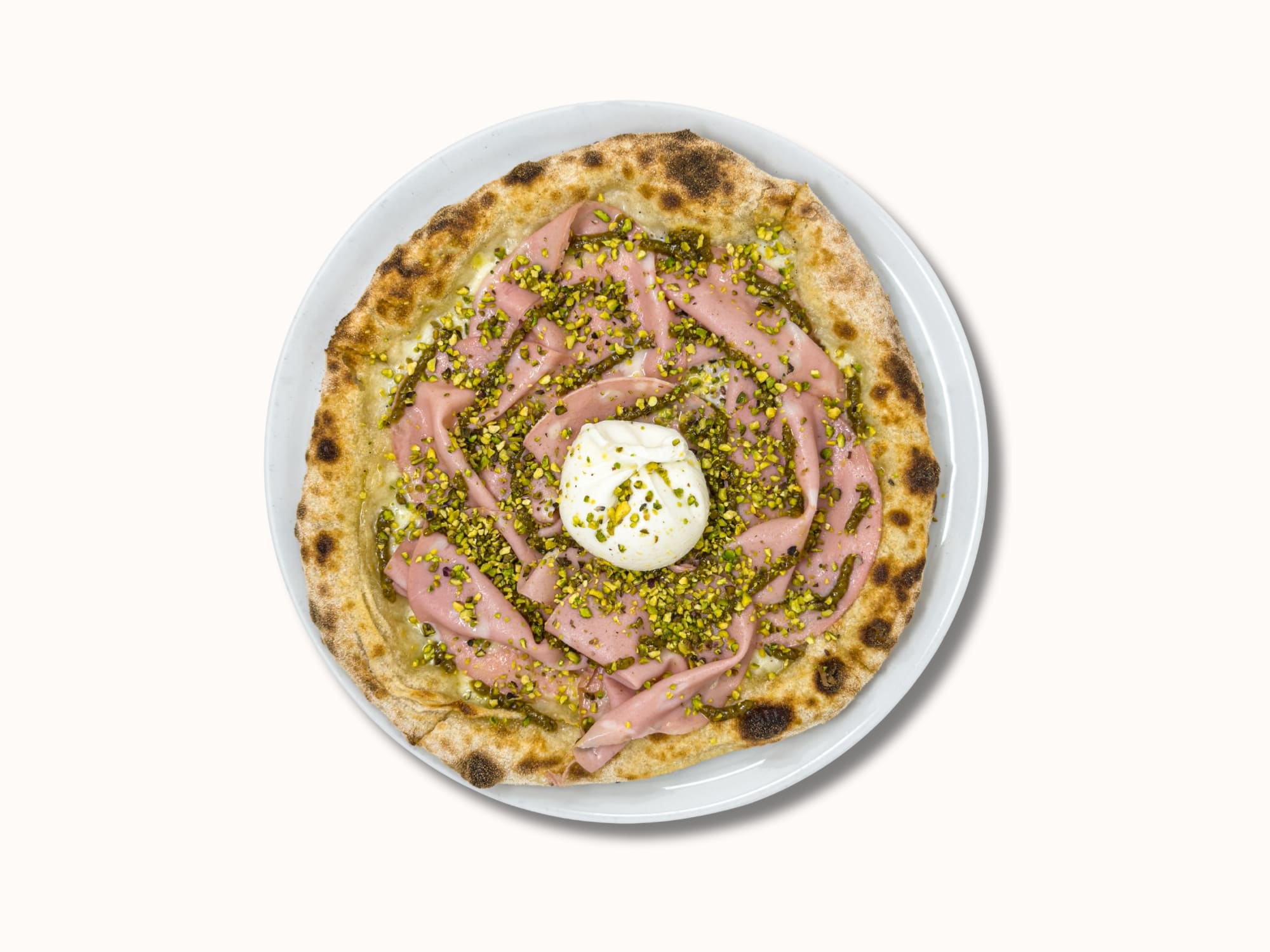 Pizza con pistacchio, mortadella e mozzarella di bufala a Cala Corvino