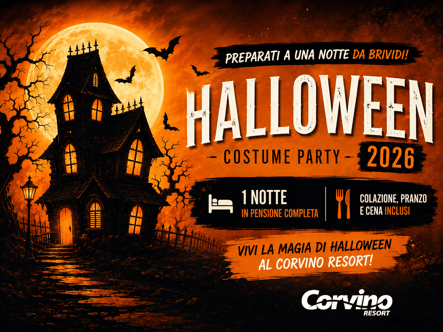 Halloween Costume Party 2026 al Corvino Resort con 1 notte in pensione completa